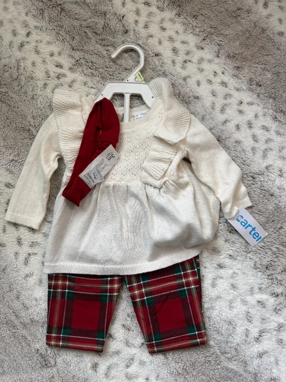 NWT! Carter's plaid set baby girls 3 months sweater pants headband Christmas
